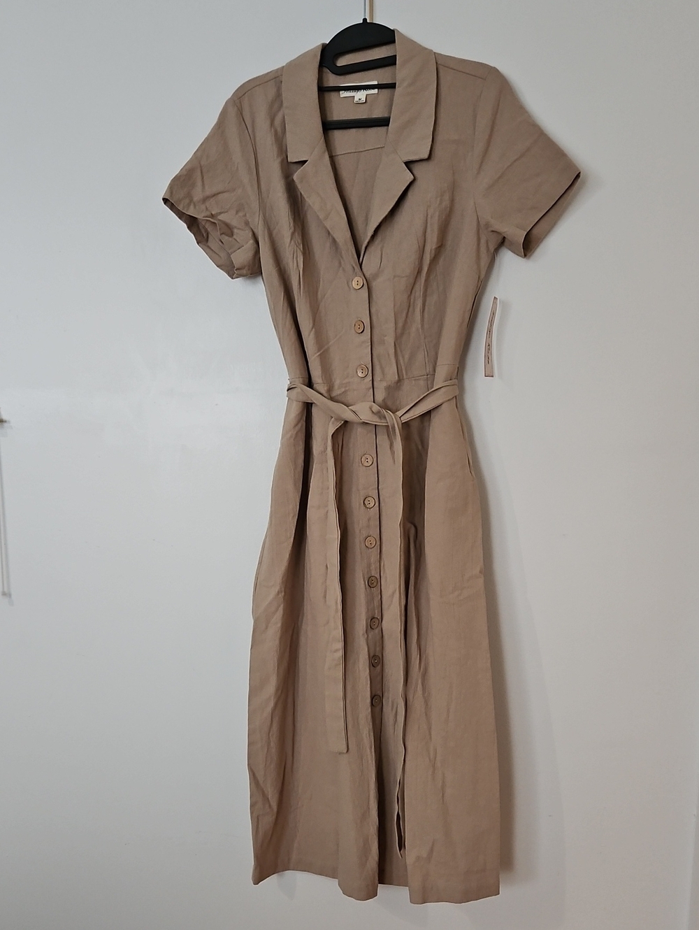 Indigo Rose Classic Button-Front Tan Shirt Dress with Waist Tie
